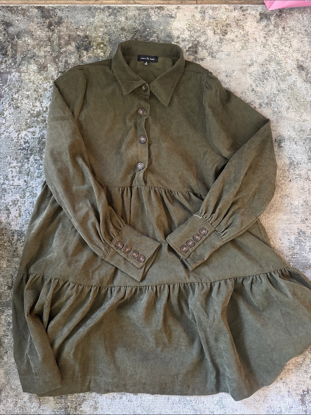 Jacqui E Olive Corduroy Tiered Button-Front Dress